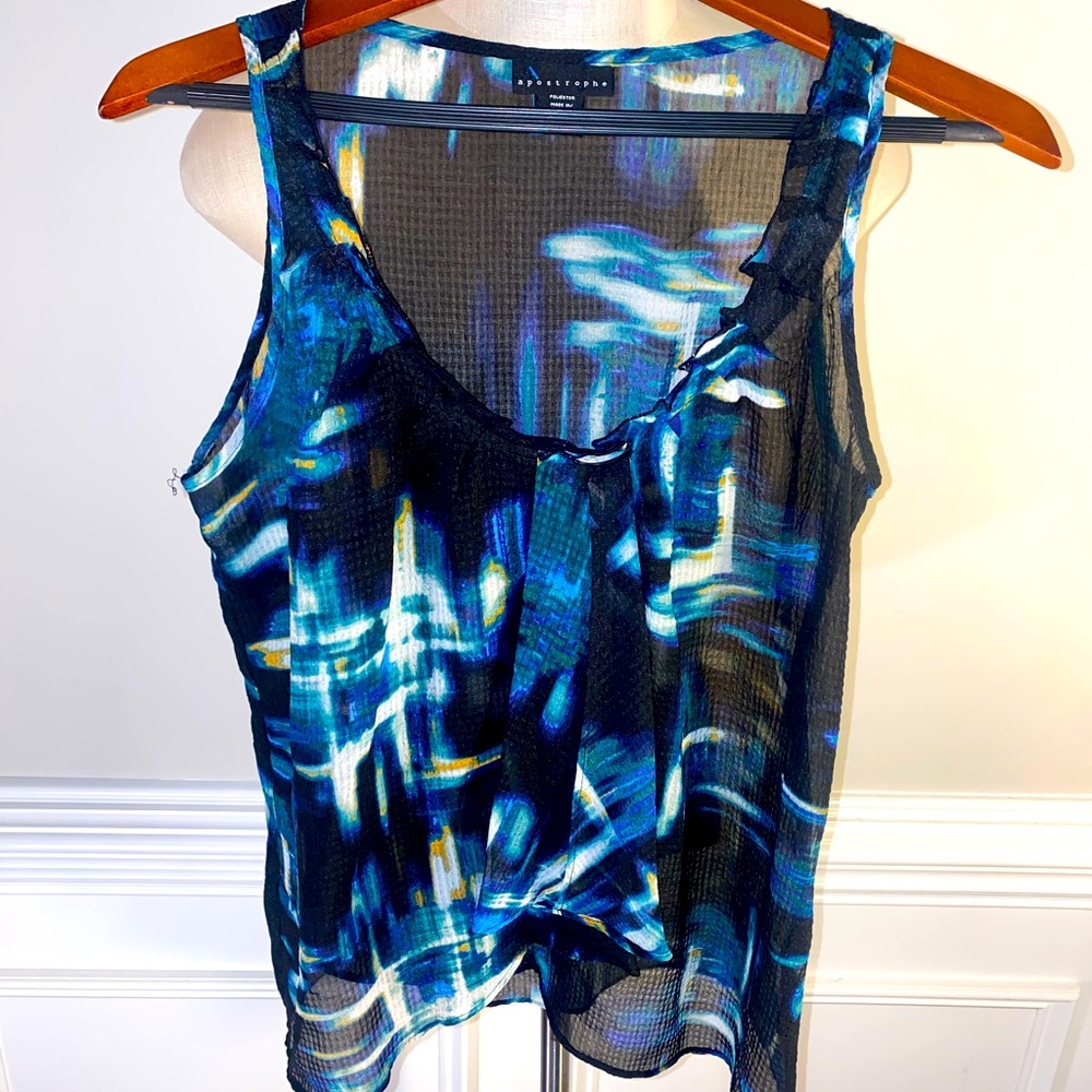 Apostrophe Tops | sheer Black with Blue Pattern Sleeveless Top(100)